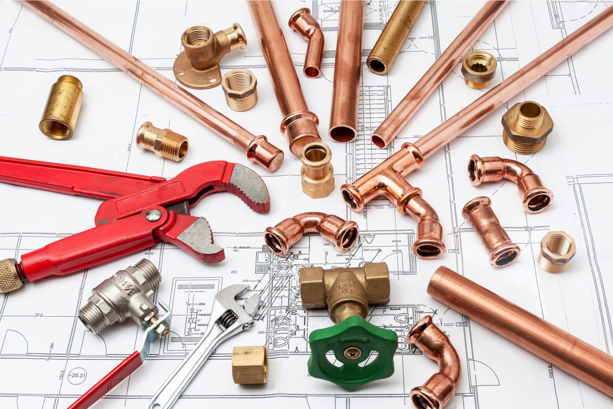 Copper pipes, fittings, valves, and plumbing tools in Salinas