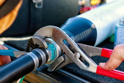 Technician tightening an industrial pipe connection in Salinas