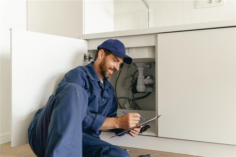Residential plumber reviewing plumbing repairs in a Salinas kitchen