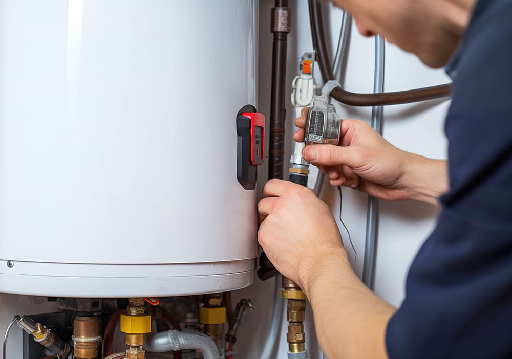 Technician repairing pipes connected to a water heater in Salinas
